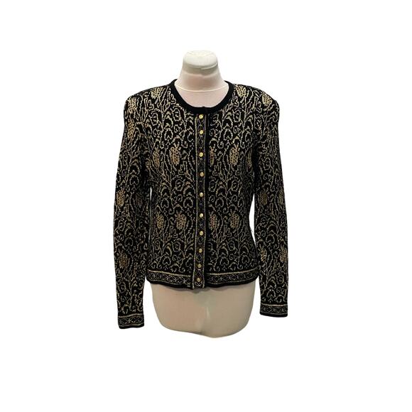 Vintage HERMAN GEIST Black Gold Button Cardigan Lambs Wool Angora MEDIUM Sparkle - Picture 1 of 6
